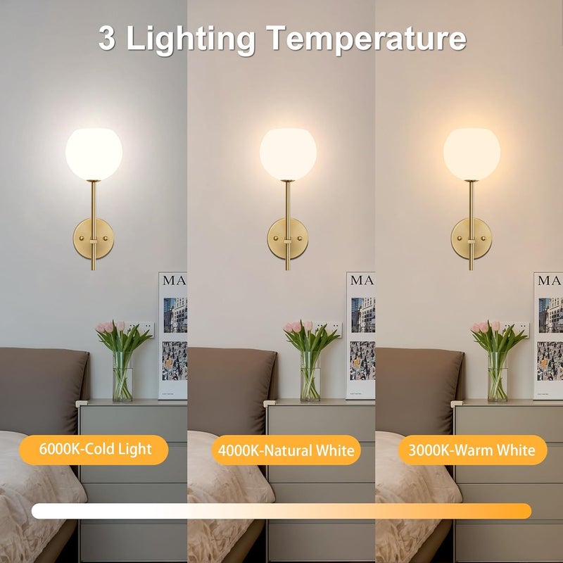 Keep Shinning مجموعة من 2 مصابيح حائط تعمل بالبطارية باللون الذهبي، مصابيح حائط لاسلكية قابلة لإعادة الشحن مع ظل زجاجي معتم أبيض حليبي، 12 لون RGB و3 درجات حرارة قابلة للتعتيم، مصابيح حائط مع جهاز تحكم عن بعد لغرفة النوم وغرفة المعيشة والممر. - Image 4